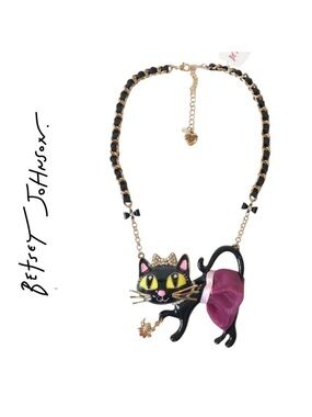 Betsey Johnson Tutu Cat Antique Gold Statement Necklace 16” NWT
